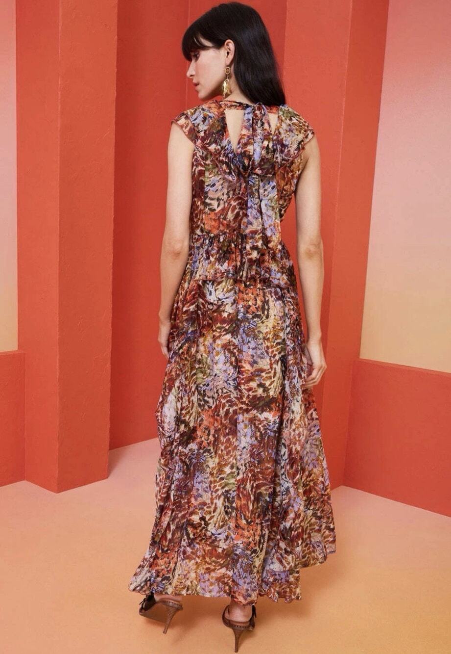 $482 MARIE OLIVER Jayda Foliage Print V Neck Ruffle Maxi Dress Gown Silk Blend 4